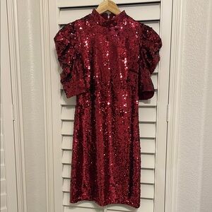 Alice + Olivia Red Sequin Midi Sheath Dress
